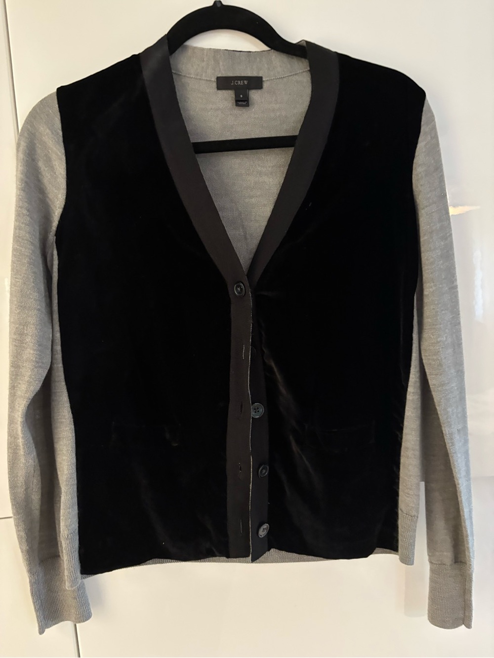 J. Crew Black Velvet Front Gray Sleeve V-Neck Cardigan - Contrast Knit